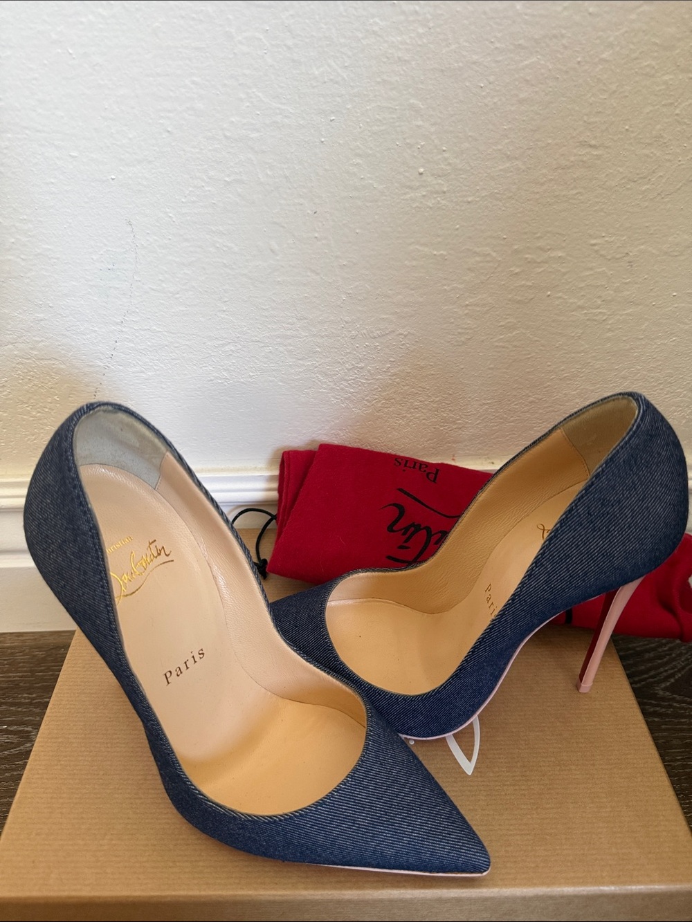 Christian Louboutin Denim Pointed Toe Pumps with Pink Heel